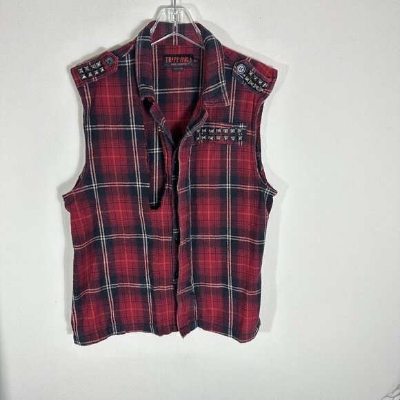 Tripp nyc Tops - Tripp NYC Plaid Shirt Unisex Red Plaid Button up Distressed Studs Size M Medium